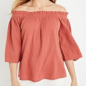 Woman’s Cotton Off-Shoulder Wide Sleves Boho Blouse in Terracotta